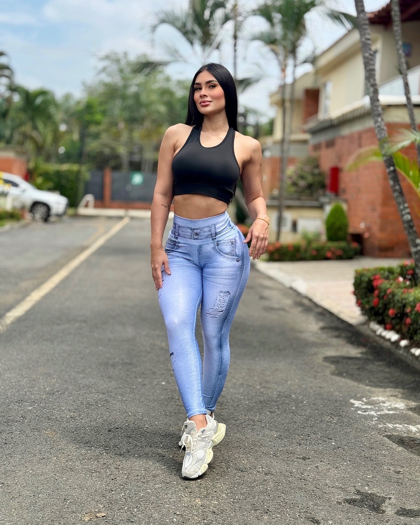 Paw Drazzel Boutique Women's Athletic Wear Long-Leg, High Waist, Scrunch Booty, Straight Leg, Printed Pattern, Faux-Denim, Workout Pants