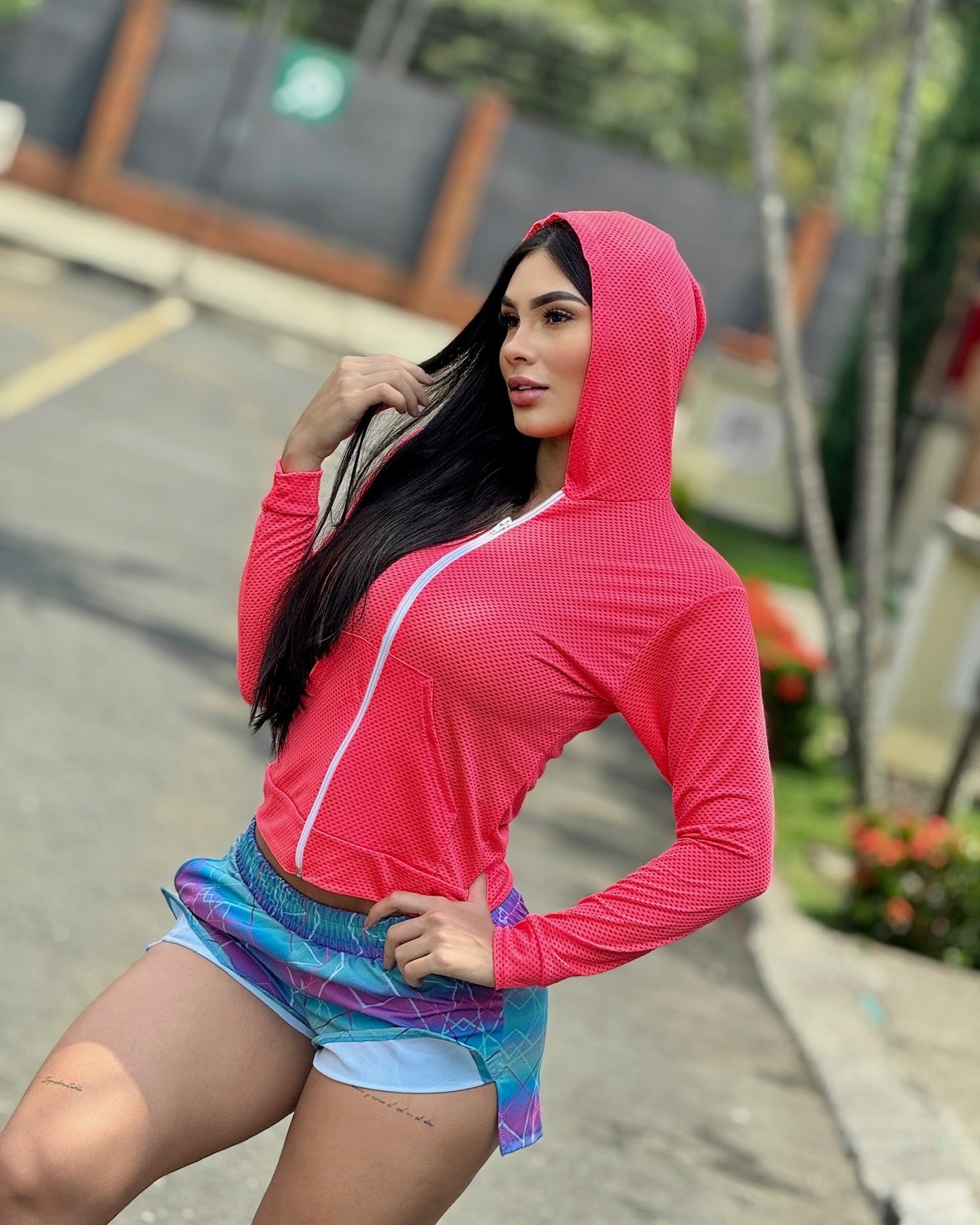 Paw Drazzel Boutique Women's Athletic Wear, Long Sleeve, Waist High, Full Length Zipper, Sheer Hooded Workout Jacket