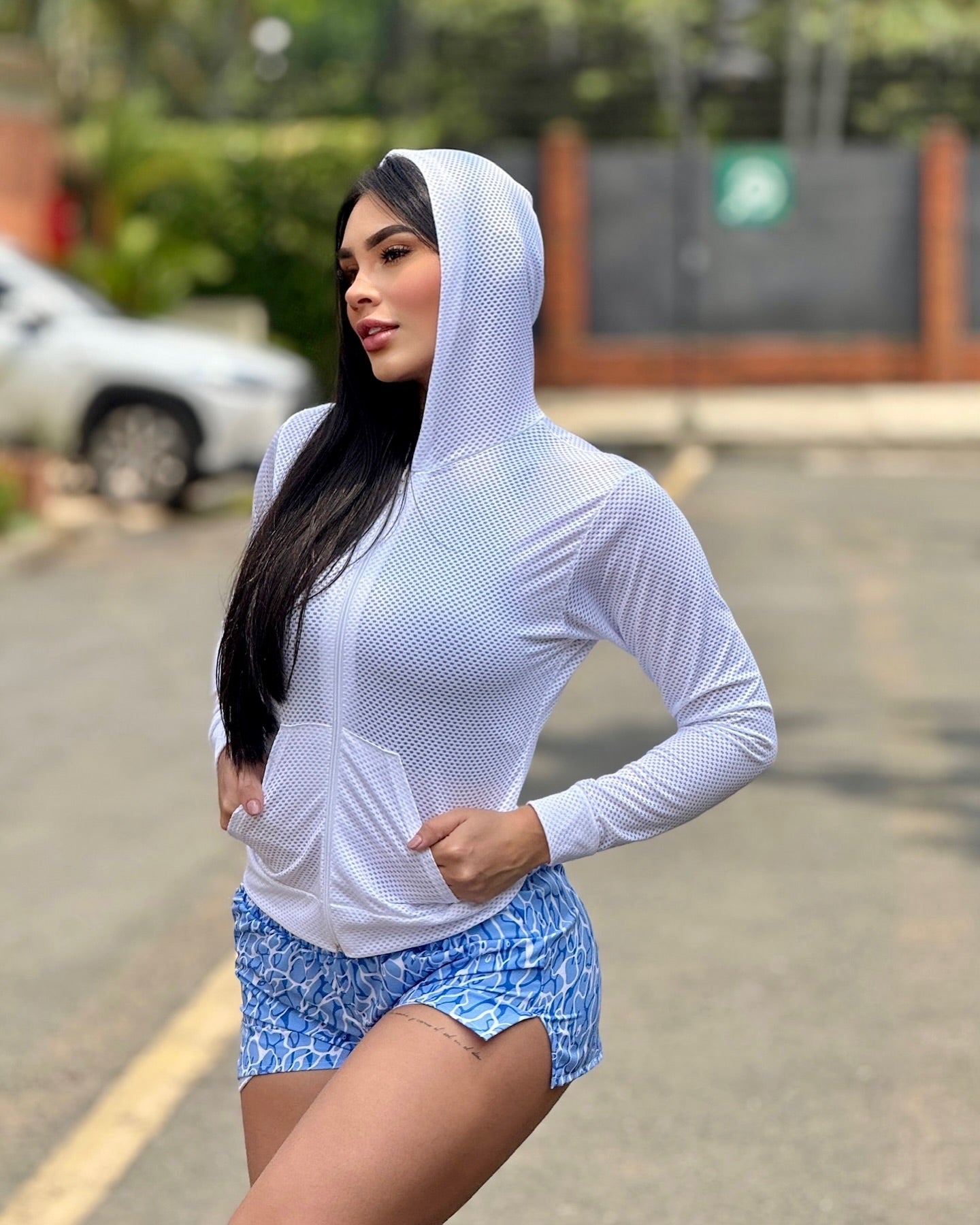 Paw Drazzel Boutique Women's Athletic Wear, Long Sleeve, Waist High, Full Length Zipper, Sheer Hooded Workout Jacket