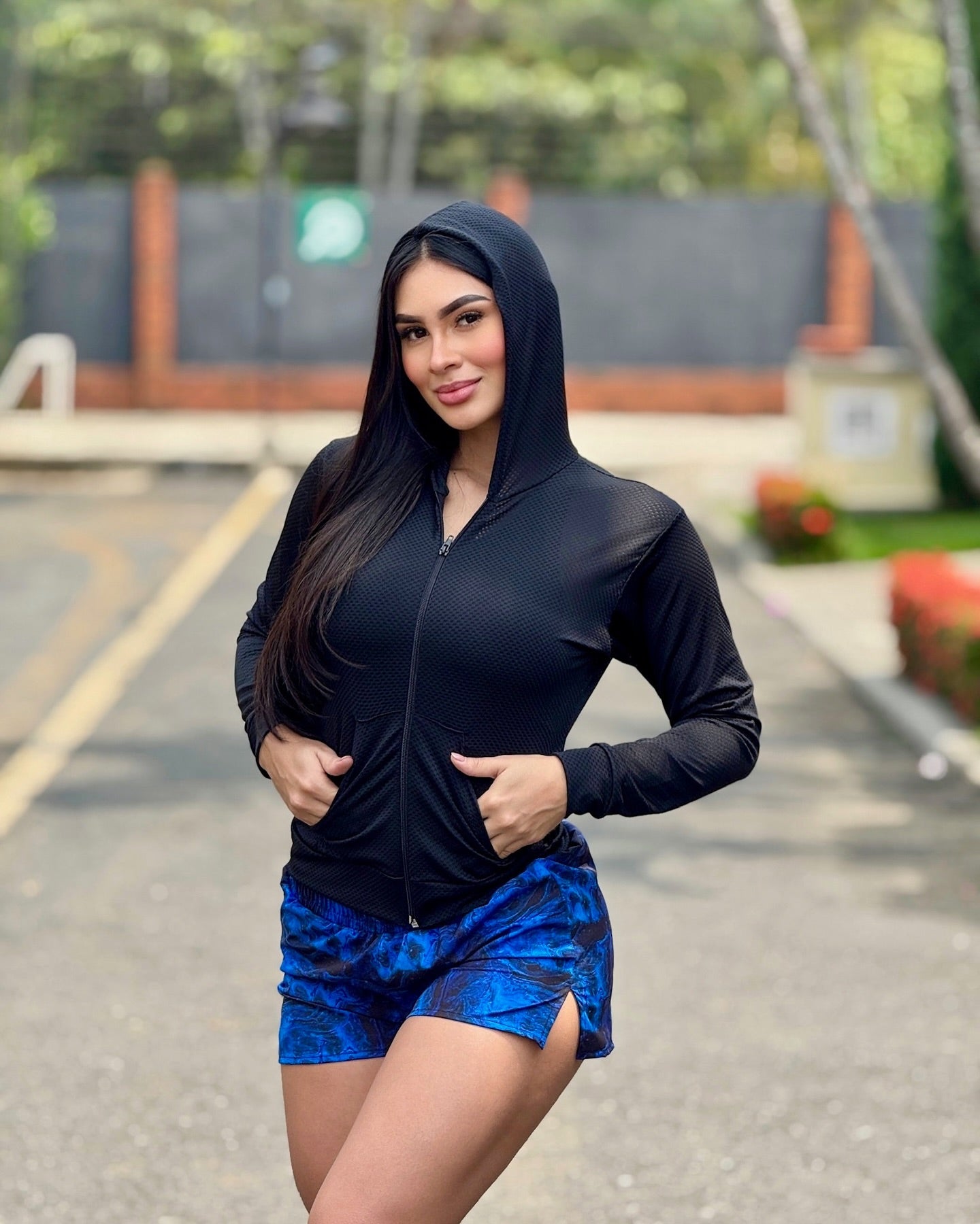 Paw Drazzel Boutique Women's Athletic Wear, Long Sleeve, Waist High, Full Length Zipper, Sheer Hooded Workout Jacket