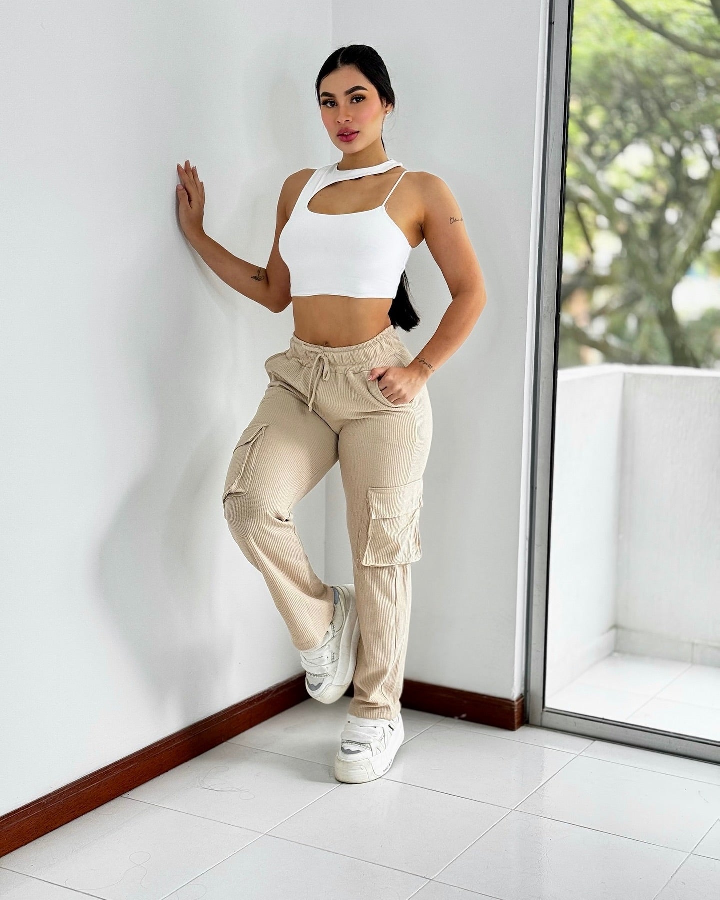 Paw Drazzel Boutique Women's High-Waisted, Straight-leg, Smooth Front Panel, Cargo Pants