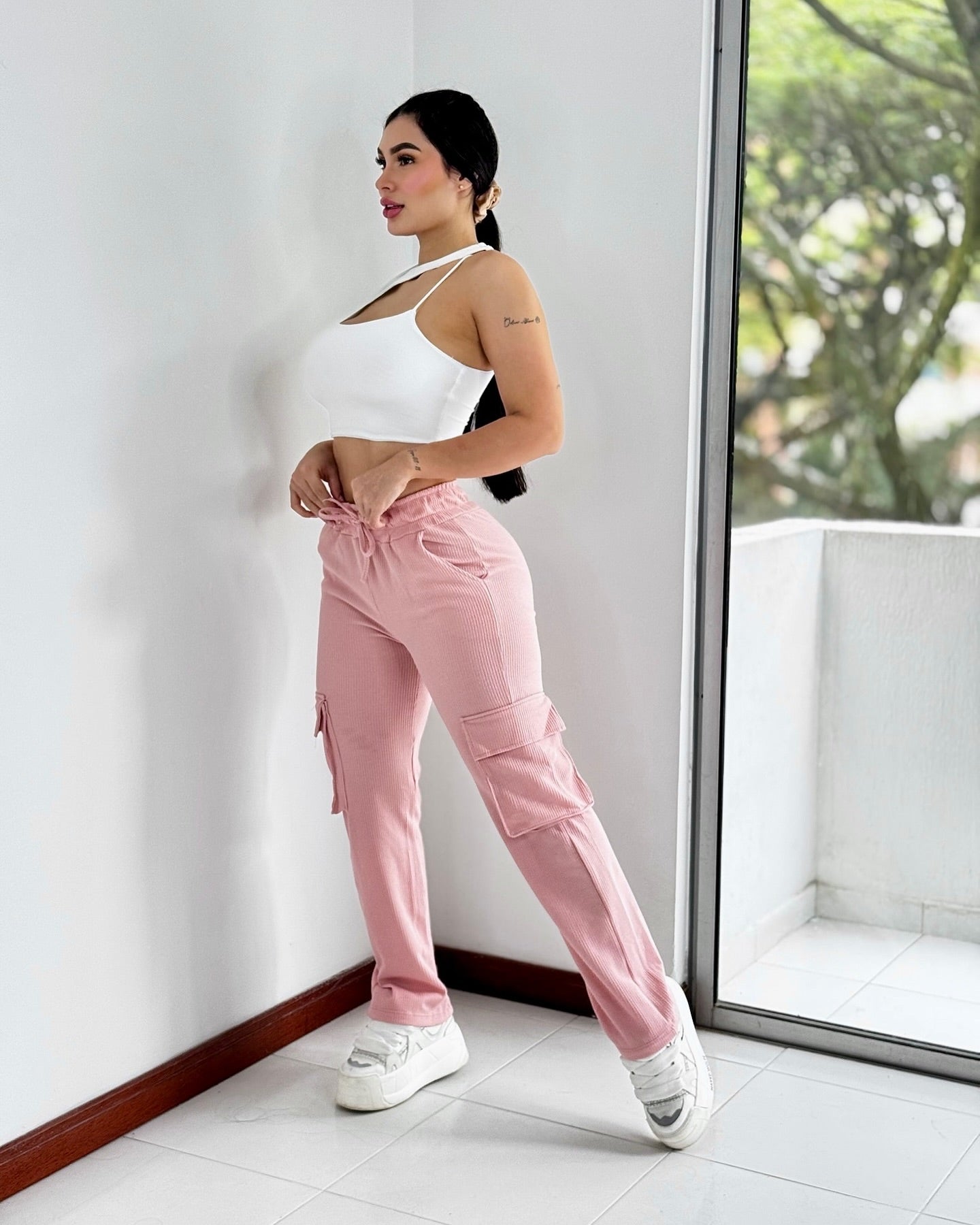 Paw Drazzel Boutique Women's High-Waisted, Straight-leg, Smooth Front Panel, Cargo Pants