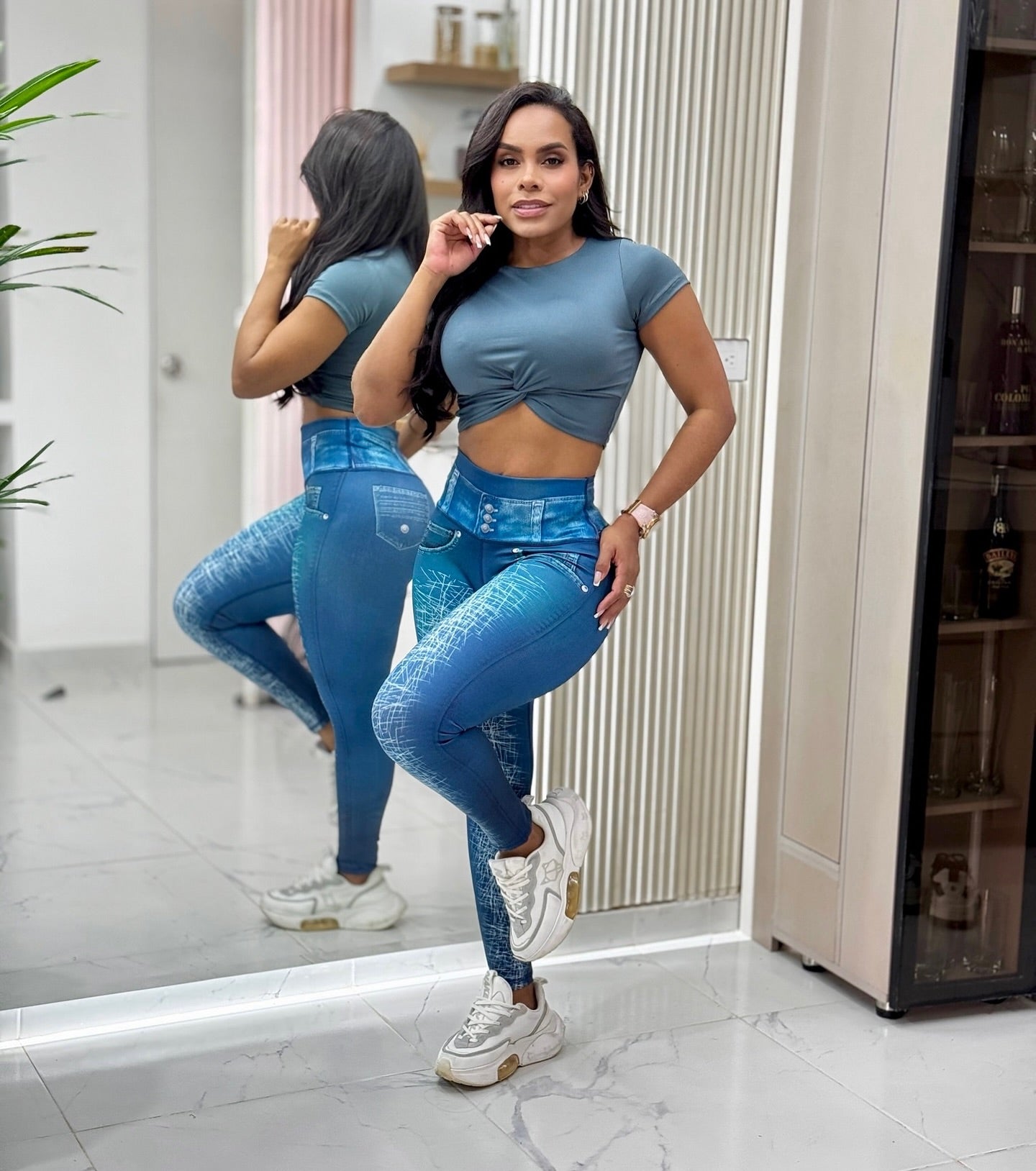 Paw Drazzel Boutique Women's Athletic Wear Long-Leg, High Waist, Scrunch Booty, Straight Leg, Printed Pattern, Faux-Denim, Workout Pants