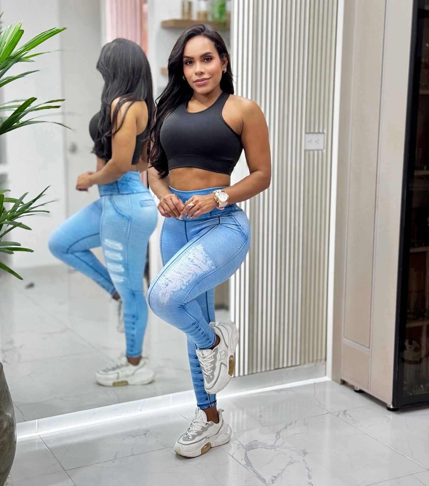 Paw Drazzel Boutique Women's Athletic Wear Long-Leg, High Waist, Scrunch Booty, Straight Leg, Printed Pattern, Faux-Denim, Workout Pants