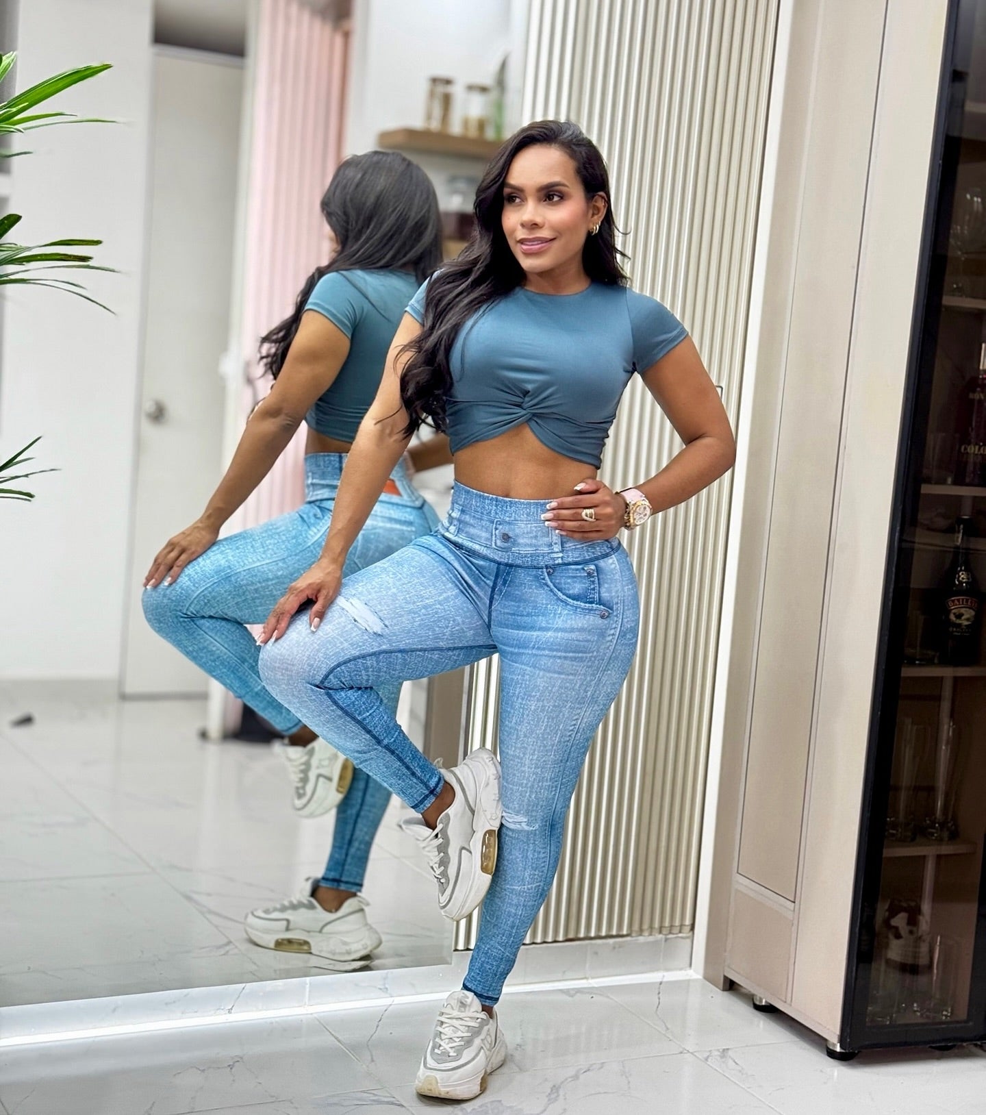 Paw Drazzel Boutique Women's Athletic Wear Long-Leg, High Waist, Scrunch Booty, Straight Leg, Printed Pattern, Faux-Denim, Workout Pants