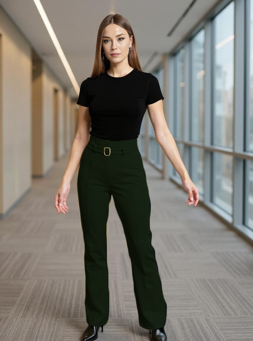 Paw Drazzel Boutique Women's High-Waisted, Belted, Straight-Leg, Tailored Pants