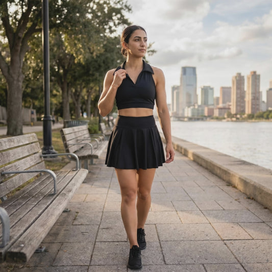 Paw Drazzel Boutique Women's Athletic Wear, Two Piece, Flared Short Skirt, Short Pants, Collared Top, V-neck, Sleeveless, Workout Golf Set