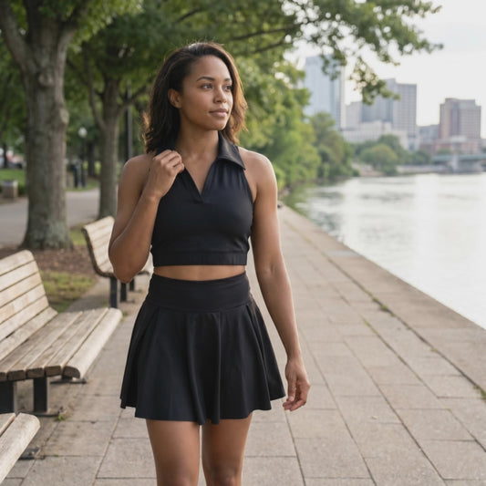 Paw Drazzel Boutique Women's Athletic Wear, Two Piece, Flared Short Skirt, Short Pants, Collared Top, V-neck, Sleeveless, Workout Golf Set