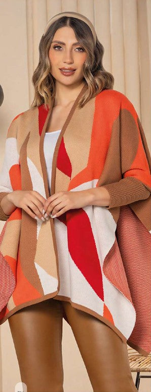 Paw Drazzel Boutique Women's Abstract Geometric Pattern, Oversized Open-Front Cape Wrap, Multicolor Knit Poncho-Ruana.