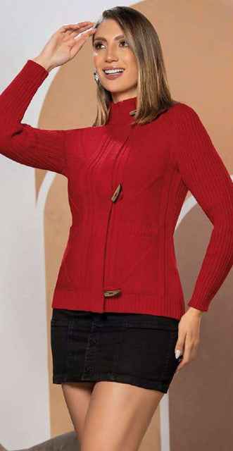 Paw Drazzel Boutique Women's Knit Sweater, High Neck, Wood Button Toggle Closure, Long Sleeve Ribbed Cardigan, Casual Warm Top