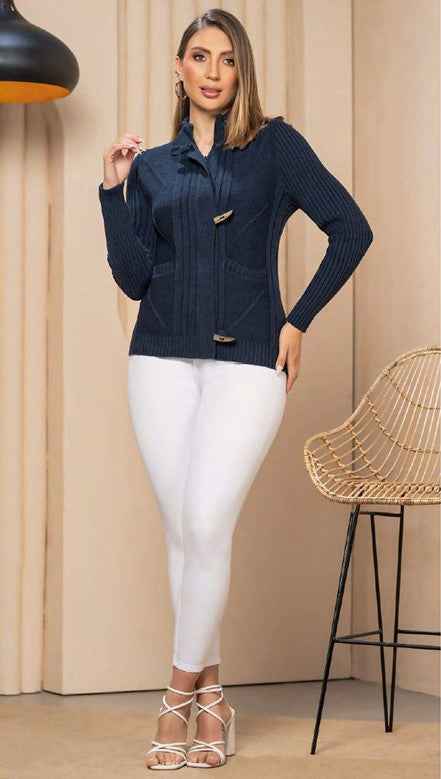 Paw Drazzel Boutique Women's Knit Sweater, High Neck, Wood Button Toggle Closure, Long Sleeve Ribbed Cardigan, Casual Warm Top