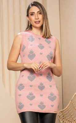 Paw Drazzel Boutique Women's Sleeveless Knit Tunic Top, Sacred Heart Pattern, Crew Neck Stretch Tank Sweater