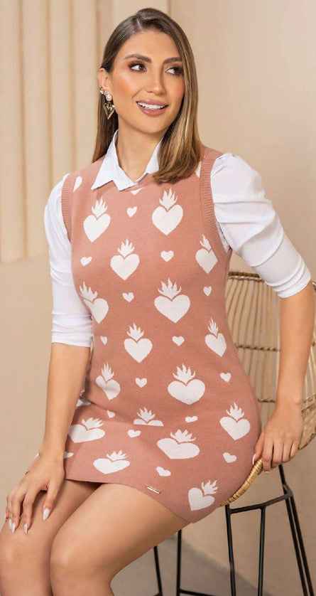 Paw Drazzel Boutique Women's Sleeveless Knit Tunic Top, Sacred Heart Pattern, Crew Neck Stretch Tank Sweater
